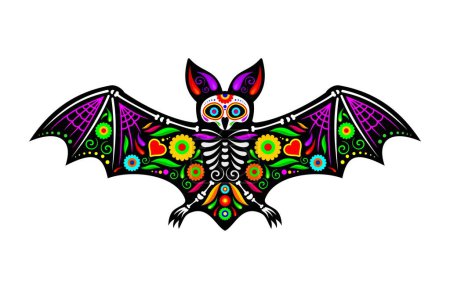 Tatuaje animal de murciélago mexicano del cráneo de azúcar muerto. Vector flittermouse esqueleto con alas desplegadas y patrones florales intrincados, simbolizando la noche, el recuerdo y el ciclo de la vida y la muerte
