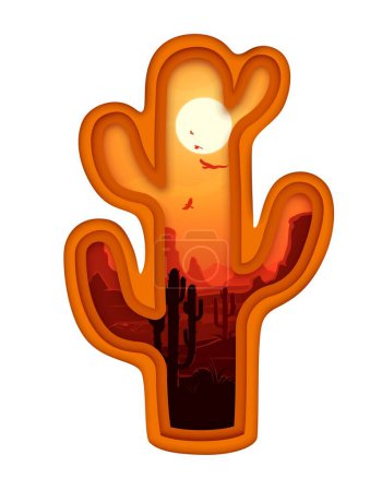 Illustration for Cacti silhouette with Mexican desert landscape in paper cut mountain valley, vector. Cactus on mountain rocks and eagles flying in sky with sunset over Mexico, Texas or Arizona desert canyon - Royalty Free Image