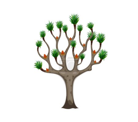 Karikatur Dschungel Regenwald Baum. Isolierte exotische Vektorpflanze mit leuchtend grünem Laub, strukturiertem, weit verzweigtem Stamm und seltsamen Auswüchsen. Prähistorische uralte üppige Landschaftsvegetation, Artenvielfalt