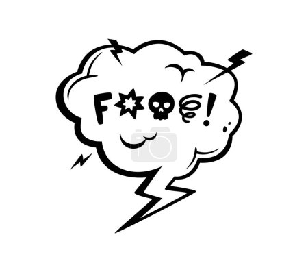 Illustration for Comic swear speech bubble, cartoon aggressive expletive curse and hate angry talk, doodle vector. Bad word speech cloud or explicit swear shout with skull and exclamation symbols for rude emotion - Royalty Free Image