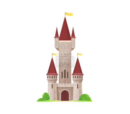 Illustration for Cartoon castle, kingdom palace, isolated vector ancient European royal building, fortress with towers, drawbridge and flags. Fortified fabulous stronghold construction. Magic king castle architecture - Royalty Free Image