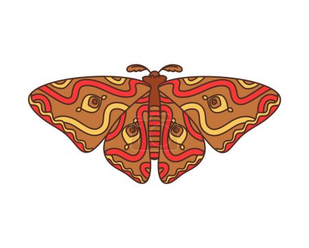 Ilustración de Polilla emperador gigante mariposa retro groovy. Vector aislado Saturnia pyri insecto mariposa con patrón de ojos en las alas y antenas esponjosas, simboliza la transformación, belleza, metamorfosis en la naturaleza - Imagen libre de derechos