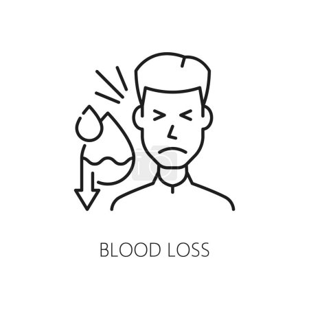 Blood loss, anemia symptom, physical disease line icon, vector hematology, medicine science. Man with drops and downward arrows outline sign of bleeding, red blood cells production decrease, anemia