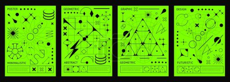 Photo for Brutal Y2K posters of abstract geometric shapes on acid green background, vector cover template. Retro futuristic elements, geometric shapes, tech forms and minimalistic symbols for brutal Y2K posters - Royalty Free Image
