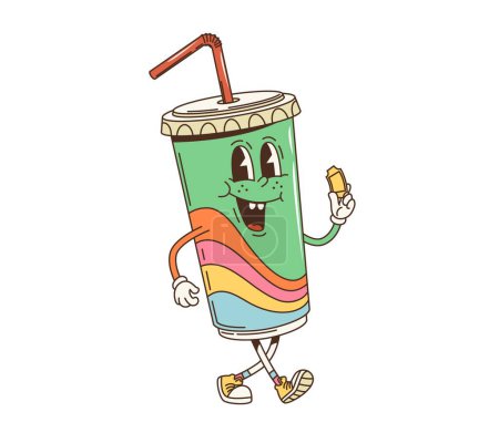 Photo for Cartoon groovy soda drink character in retro hippie art, vector funky face. Groovy funny soda drink cup with drinking straw and cinema movie ticket, happy smile or retro cartoon character with rainbow - Royalty Free Image