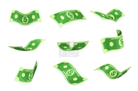 Karikaturen fliegende Geldscheine oder Dollarscheine, Vektor-Papierwährung. Schwimmende grüne Banknoten mit Dollarzeichen für Casino-Jackpot-Gewinnbonus, Reichtum und finanziellen Erfolg oder Gehaltseinkünfte