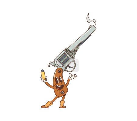 Photo for Cartoon retro Western revolver gun groovy character. Old american Wild West sheriff, cowboy, bandit or gunslinger weapon vector personage with smoking barrel and bullet. Vintage Wild West weapon emoji - Royalty Free Image