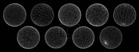 3D sphere globe in wireframe grid or wire mesh, brutal and retro perspective tech shapes, vector forms. Abstract wireframe globes or 3D sphere in wire line mesh of dots with connection nodes