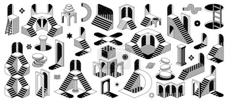 Ilustración de Elementos psicodélicos trippy y2k e iconos vectoriales surrealistas de escaleras y escaleras de podio. Portal de arte psicodélico, planeta y columna de arco con formas abstractas, escaleras retro surrealistas de la ilusión trippy y2k - Imagen libre de derechos