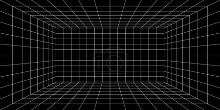 Ilustración de 3d espacio de rejilla. Sala de caja digital futurista vacía, fondo abstracto negro con vista de perspectiva de líneas espaciales de rejilla blanca. Red de tecnología cibernética, ciencia ficción, wireframe. Cyberpunk y vaporwave - Imagen libre de derechos