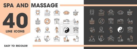 Illustration for SPA and massage line icons of beauty salon and skincare treatment, vector pictograms. SPA salon procedure icons of foot massage, sauna and acupuncture therapy with aroma oils and relax or tanning - Royalty Free Image