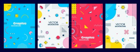 Photo for Modern abstract posters with geometric Memphis shape elements pattern, vector background. Memphis pop art style or hipster minimal line and simple color posters in geometric minimalism graphic figures - Royalty Free Image