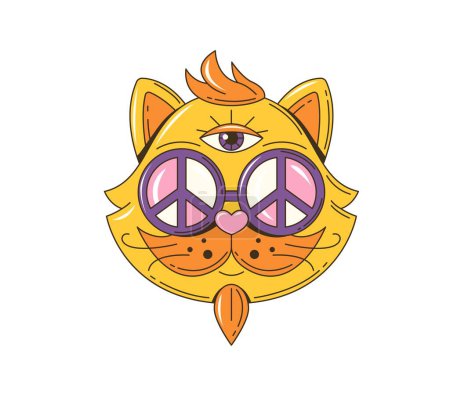 Illustration for Cartoon groovy hippie cat character in 70s retro art, vector funky face. Groovy cat in sunglasses with peace signs and third eye in head, 70s hippie art cartoon psychedelic character in positive vibes - Royalty Free Image