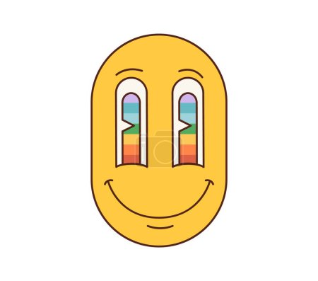Ilustración de Dibujos animados retro sonrisa groovy con los ojos largos. Cara hippie vectorial aislada con aspecto de arco iris. Emoji psicodélico vintage amarillo, expresión facial positiva. Cara extraña, trippy, ácido surrealista, lsd vibra funky - Imagen libre de derechos
