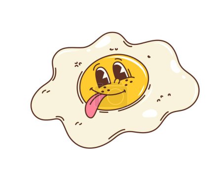 Cartoon retro fried egg groovy character with tongue. Funny vintage breakfast food vector personage, cute hippie chicken egg yolk and white emoji teasing with sticking out tongue and happy smile
