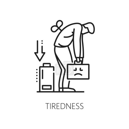 Illustration for Tiredness line icon of anemia symptom and physical disease, vector hematology. Tired or exhausted man with low energy battery outline sign of anaemia blood disorder, hemoglobin lack, oxygen decrease - Royalty Free Image