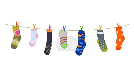 Illustration for Clothesline with cotton and wool socks, rope with clothepins. Colorful socks on clothesline isolated vector, wool laundry hanging and drying, cartoon wet clothing on a rope with clothepins - Royalty Free Image