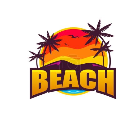 Ilustración de Paraíso resort o verano playa tropical icono con palmeras, emblema vectorial. Playa del océano con olas marinas, palmeras y siluetas de gaviotas en el cielo con sol al atardecer para una isla paradisíaca tópica o vacaciones - Imagen libre de derechos