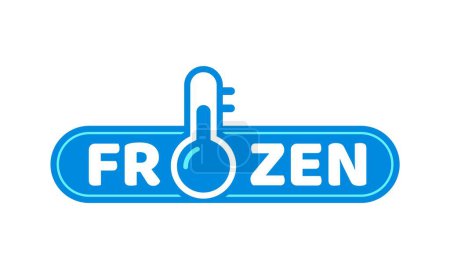Blue frozen cold product icon, ice crystal label and badge. Isolated vector sticker for frozen food, features thermometer symbol for packages or frosty cold preservation items in blue or white colors