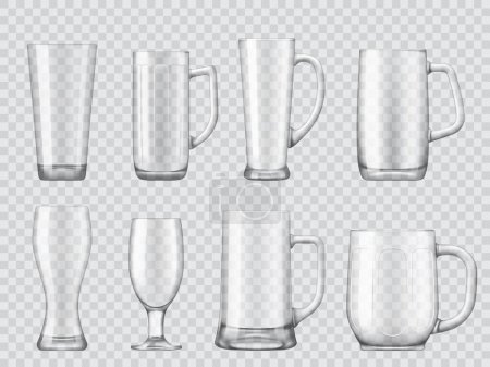 Realistisches leeres transparentes Bierglas und Tankkartengläser. Realistisches 3D-Vektorset aus isolierten transparenten Tassen für Alkohol, Wasser, Cocktails und erfrischende Getränke. Attrappen von Bechern für Getränke