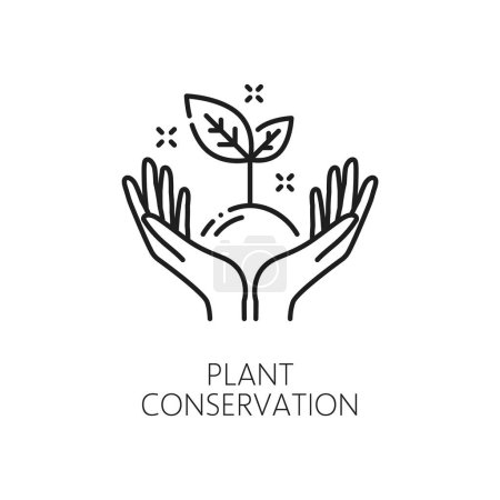 Illustration for Plants conservation line icon for nature and eco environment protection, outline vector. Globe and green leaf plant in hands, symbol of ecology protection to save world with green energy and eco power - Royalty Free Image