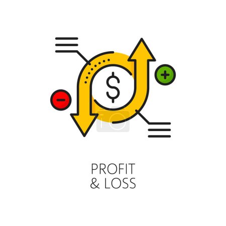 Téléchargez les illustrations : L'icône de ligne de couleur de profit et de perte comporte des flèches circulaires rotatives symbolisant la croissance ou le déclin financiers, le signe dollar, plus et moins l'équilibre, représentent les résultats financiers et l'analyse de performance - en licence libre de droit