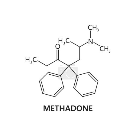 Fórmula de moléculas de drogas sintéticas, estructura de metadona. Estructura molecular narcótica ilegal, composición atómica de sustancias sintéticas o esquema de vectores de moléculas químicas de metadona