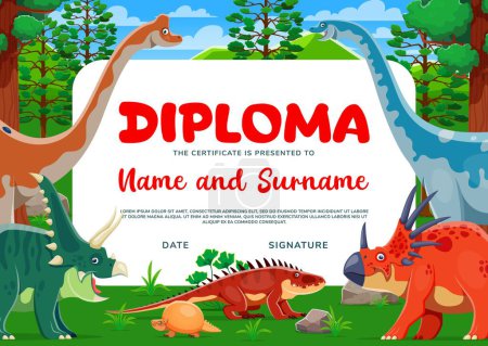 Illustration for Kids diploma with funny dinosaurs. Cartoon dino characters preschool education certificate or kindergarten graduation diploma vector template. Funny triceratops, brontosaurus and dimetrodon personages - Royalty Free Image