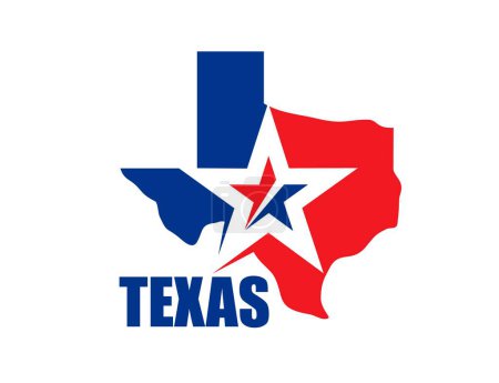 Ilustración de Símbolo estatal de Texas, icono de mapa con bandera y estrella. Silueta vectorial roja, blanca y azul de Texas mapa en colores de la bandera del estado de la estrella solitaria. Insignia de país o camiseta de la región centro-sur de Estados Unidos - Imagen libre de derechos
