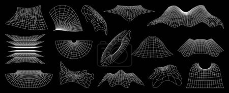 Photo for Wireframe grid and mesh, futuristic net. 3d vector set of cyber neo futuristic shapes, wavy geometric perspective plane. Abstract structures deformation, flowing surface. 80S cyberpunk meshy elements - Royalty Free Image
