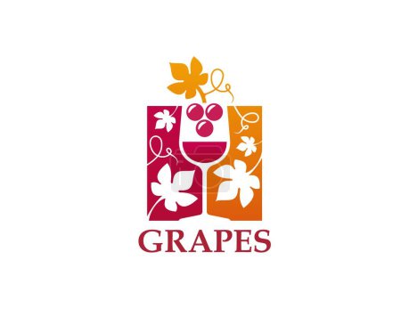 Grapes and wine glass icon for winery or winemaking company label, vector emblem. Wineglass with grape vine leaf icon for alcohol drink bottle, premium brand vineyard and viniculture sign