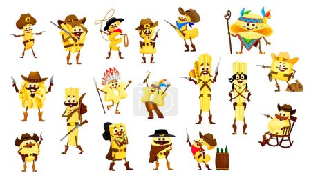 Cartoon Italian pasta cowboy and sheriff, bandit and robber, ranger and Indian chief, vector characters. Penne in cowboy sombrero, spaghetti ranger with pistol gun and tortellini with rum barrel