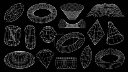 Formas de marco alámbrico 3D, rejillas brutales y tecnológicas o malla de perspectiva retro, formas vectoriales. Formas geométricas abstractas en línea de alambre o elementos gráficos isométricos en malla de alambre de círculo, globo y túnel