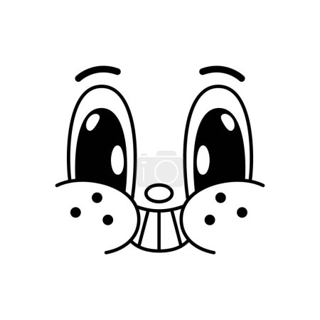 Ilustración de Cara linda de dibujos animados Groovie con emoción cómica divertida, personaje de sonrisa retro vector. Emoji sonrisa alegre en arte retro groovy con grandes ojos, dientes y pecas en las mejillas, feliz sonrisa o tímido - Imagen libre de derechos