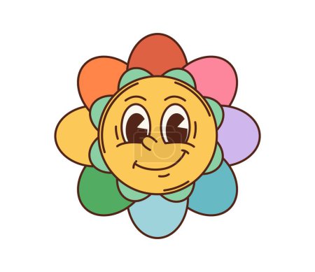 Ilustración de Groovy flor con pétalos de arco iris, retro caricatura funky cara vector sonrisa feliz. Groovy flor o 70 hippie personaje de arte con pétalos de arco iris y cara divertida, disco rave y personaje de dibujos animados hipster - Imagen libre de derechos