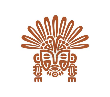 Téléchargez les illustrations : Masque totémique aztèque et maya, symbole tribal du chef maya et inca, tatouage ethnique vecteur. Ancien symbole historique mexicain, aztèque et maya de la tribu guerrier en chef ou divinité religieuse dans un masque rituel - en licence libre de droit