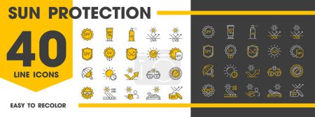 Illustration for SPF, sunscreen, sun and ultraviolet protection line icons. UV skin protect and summer care cosmetics vector outline symbols, sunscreen and sunblock cream, sunburn and tanning lotion, umbrella, glasses - Royalty Free Image