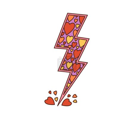Photo for Cartoon retro groovy hippie love thunderbolt lightning, Valentines day holiday flash symbol. Isolated vector electric zigzag bolt shape decorated with colorful hearts pattern, in old nostalgic style - Royalty Free Image