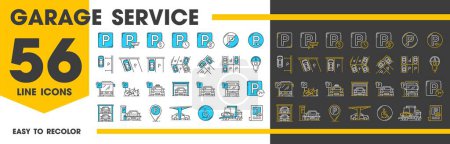 Illustration for Automatic garage service and parking icons. Line symbols of vector car park slots with bike, bicycle, auto, bus and truck vehicles. Public transport parking area sign, garage lift, ticket, map pointer - Royalty Free Image