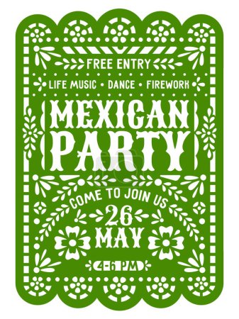 Mexikanische Party-Flyer oder papel picado Papier geschnitten Banner für Fiesta-Veranstaltung, Vektorvorlage. Mexikanische Party-Unterhaltung Einladung Flyer von papel picado Hintergrund mit Papier Schnittblumen Muster