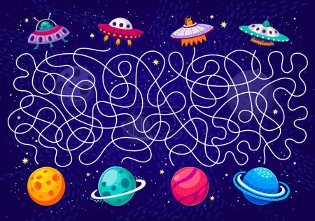 Ilustración de Dibujos animados galaxia laberinto laberinto juego para ayudar a OVNI para encontrar el planeta, rompecabezas hoja de trabajo de vectores. Laberinto espacial para niños laberinto o concurso de juegos con OVNI alienígenas y marcianos para encontrar el camino al planeta en el cielo estrellado - Imagen libre de derechos
