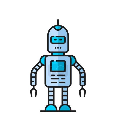Illustration for Game futuristic droid, retro robot, alien humanoid virtual bot thin line color icon. Industry future machine humanoid robot, autopilot artificial intelligence bot or alien cyborg outline vector symbol - Royalty Free Image