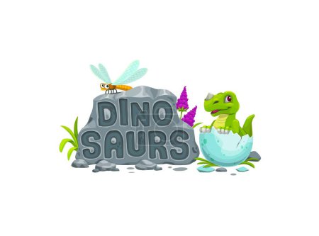 Illustration for Cartoon dino kid in egg shell, funny baby dinosaur hatching from egg, vector Jurassic reptile. Kid dinosaur toy game, archeology museum or fairytale book cute dino with fossil stone of extinct lizard - Royalty Free Image