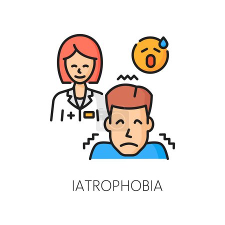 Phobie iatrophobie ou peur de la procédure médicale, problème de santé mentale et de psychologie, icône de la ligne vectorielle. Trouble cognitif et anxiété mentale névrose, icône du contour de la personne atteinte d'iatrophobie phobie