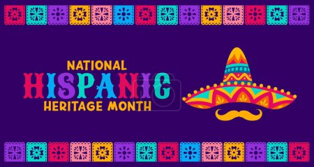 Illustration for Papel picado paper cut flags and sombrero hat on national Hispanic heritage month, vector banner Mexican culture, traditions and art banner of Latin Americans folk heritage with ethnic ornament - Royalty Free Image