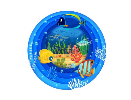 Ilustración de Paisaje submarino pancarta de corte de papel con peces tropicales de dibujos animados. 3d vector vibrante, marco circular en un estilo de corte en papel con arrecife de coral, vida marina y plantas, enmarcado por un borde azul con burbujas - Imagen libre de derechos
