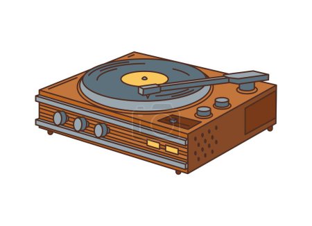 Illustration for Vinyl record player retro groovy nostalgic music device with a needle, arm, and turntable, used to play analog sound from grooved vinyl discs, embodying vintage aesthetics and warm audio quality - Royalty Free Image