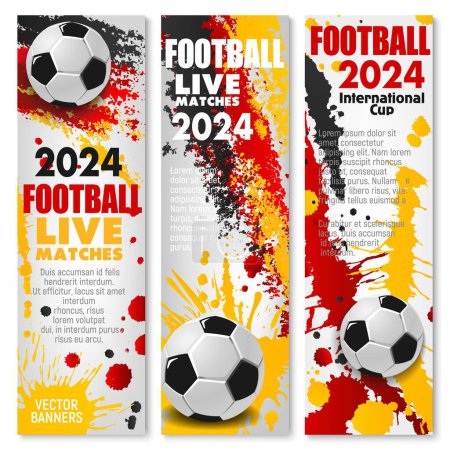 Ilustración de Copa de fútbol Euro Alemania 2024. Banderas de vectores dinámicos para el evento deportivo de fútbol, con efectos de tinta de salpicadura en colores rojo, amarillo y negro de la bandera alemana y bolas de fútbol 3d en el fondo vertical - Imagen libre de derechos