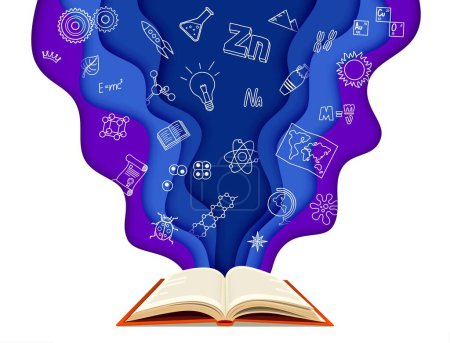 Photo for Paper cut science banner with open book and scientific symbols like atoms, dna, rockets, and equations flowing from textbook. Vibrant 3d vector papercut symbolizing explosion of educational knowledges - Royalty Free Image