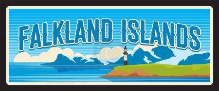 Islas Malvinas Territorio británico de ultramar. Placa de viaje vectorial, letrero de lata vintage, diseño de postal retro. Placa con arhipelago en el Océano Atlántico Sur, Gran Bretaña, paisaje con montañas